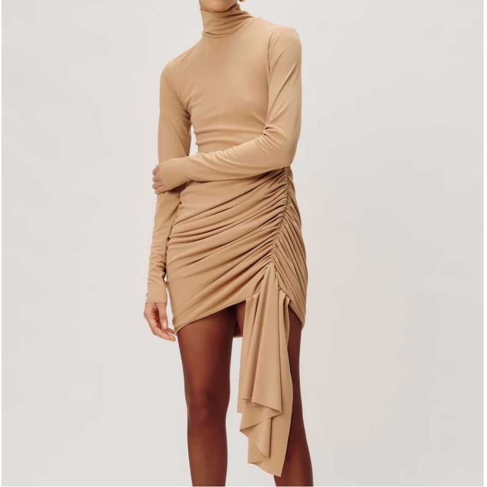 Ronny Kobo- NWT Tan Longsleeve High Neck Ruched Ronaldo Mini Dress